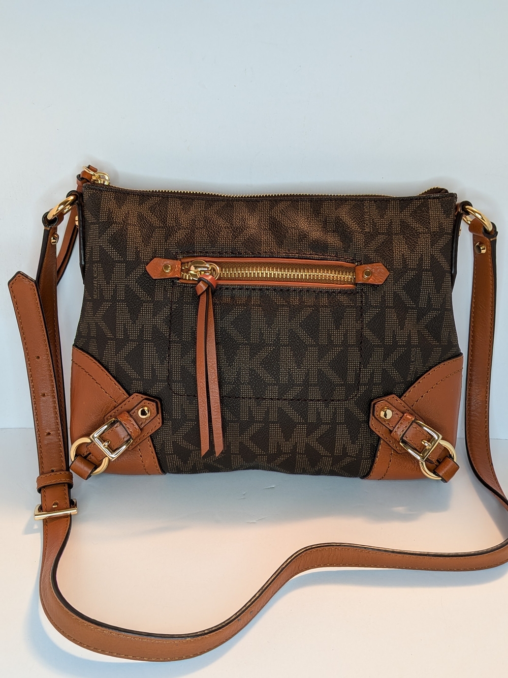 Michael Kors Fallon Messenger Brown Logo Shoulder Bag Zip Closure Leather